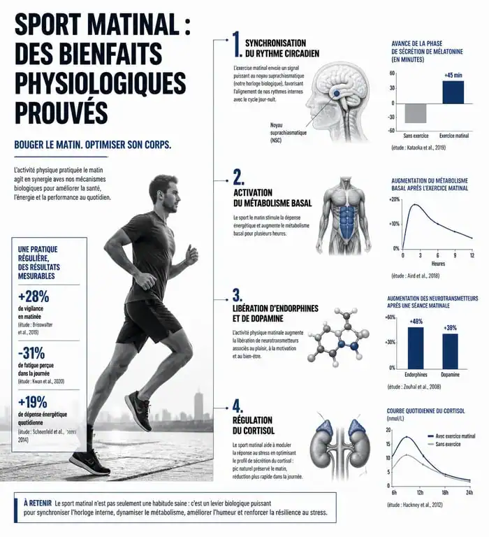 Infographie des bienfaits physiologiques du sport matinal sur le métabolisme et l'humeur