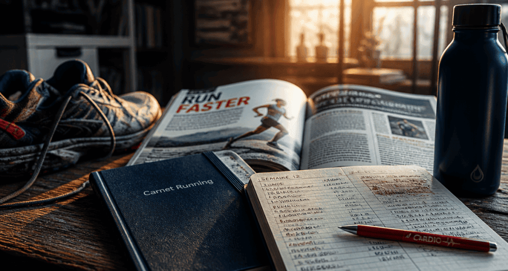 Magazine running ouvert avec carnet et chaussures de course