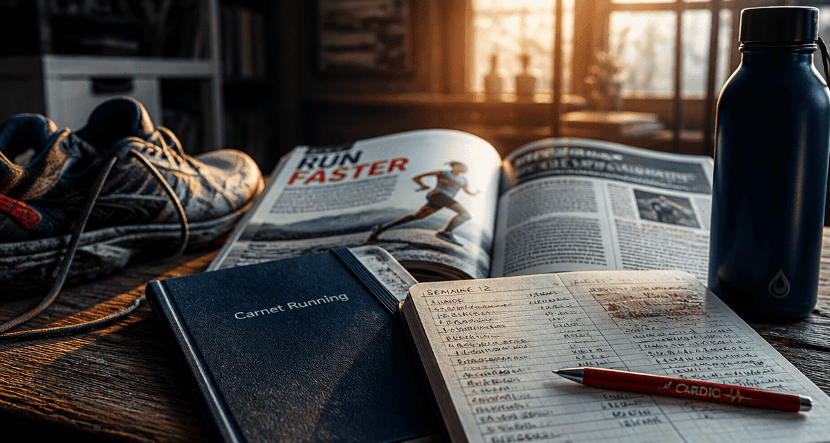 Magazine running ouvert avec carnet et chaussures de course