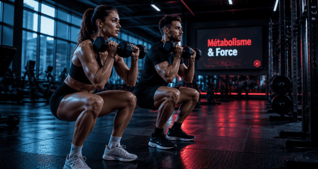 Métabolisme et musculation, squats avec haltères en salle