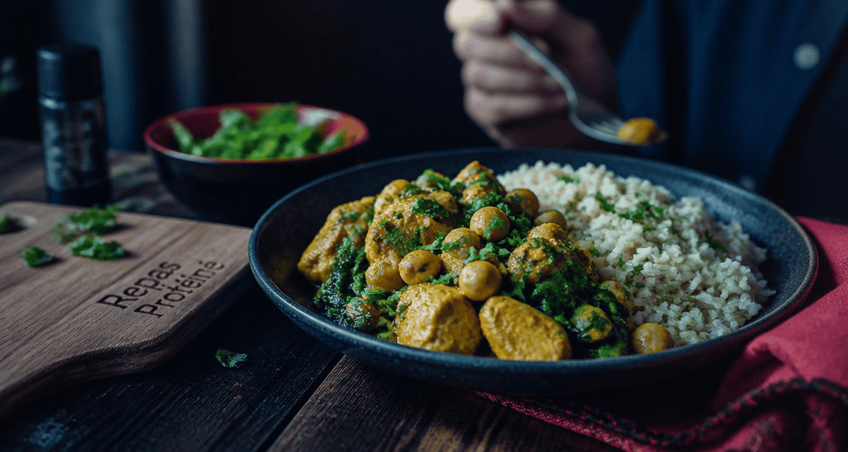 Repas riche en proteine avec curry poulet pois chiches