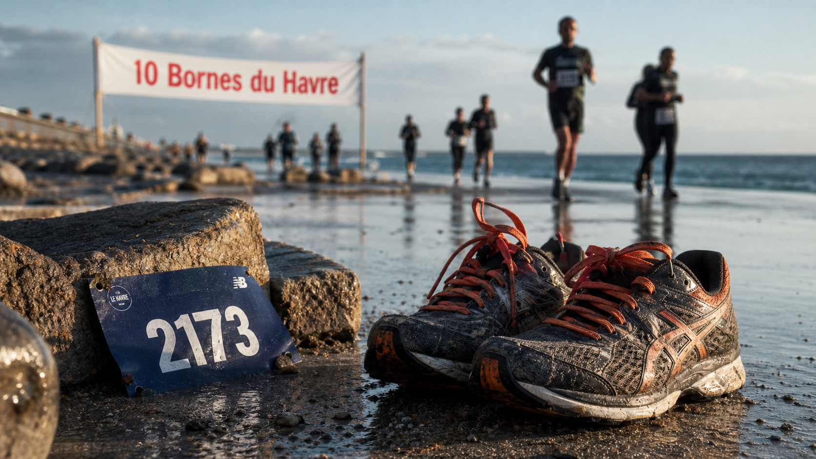 10 bornes du havre 2025 : dossard et chaussures de course sur sable humide