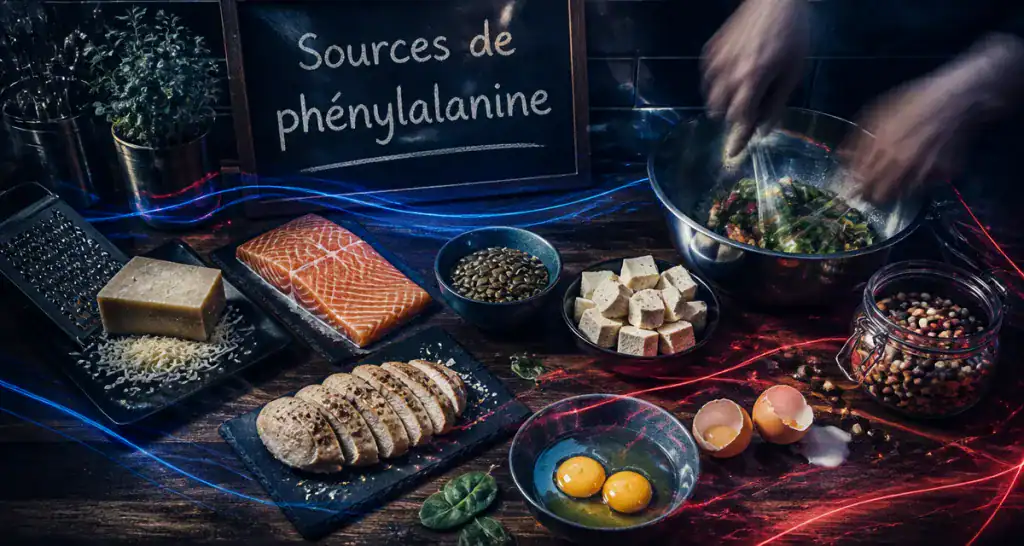 aliments riches en phenylalanine sur table de cuisine
