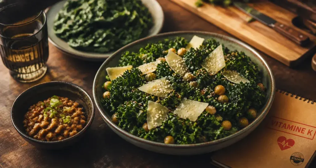 Aliments riches en vitamine k : salade de kale, pois chiches et natto