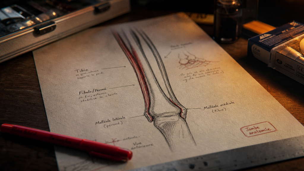 Planche anatomique de la partie de la jambe : tibia et malléoles