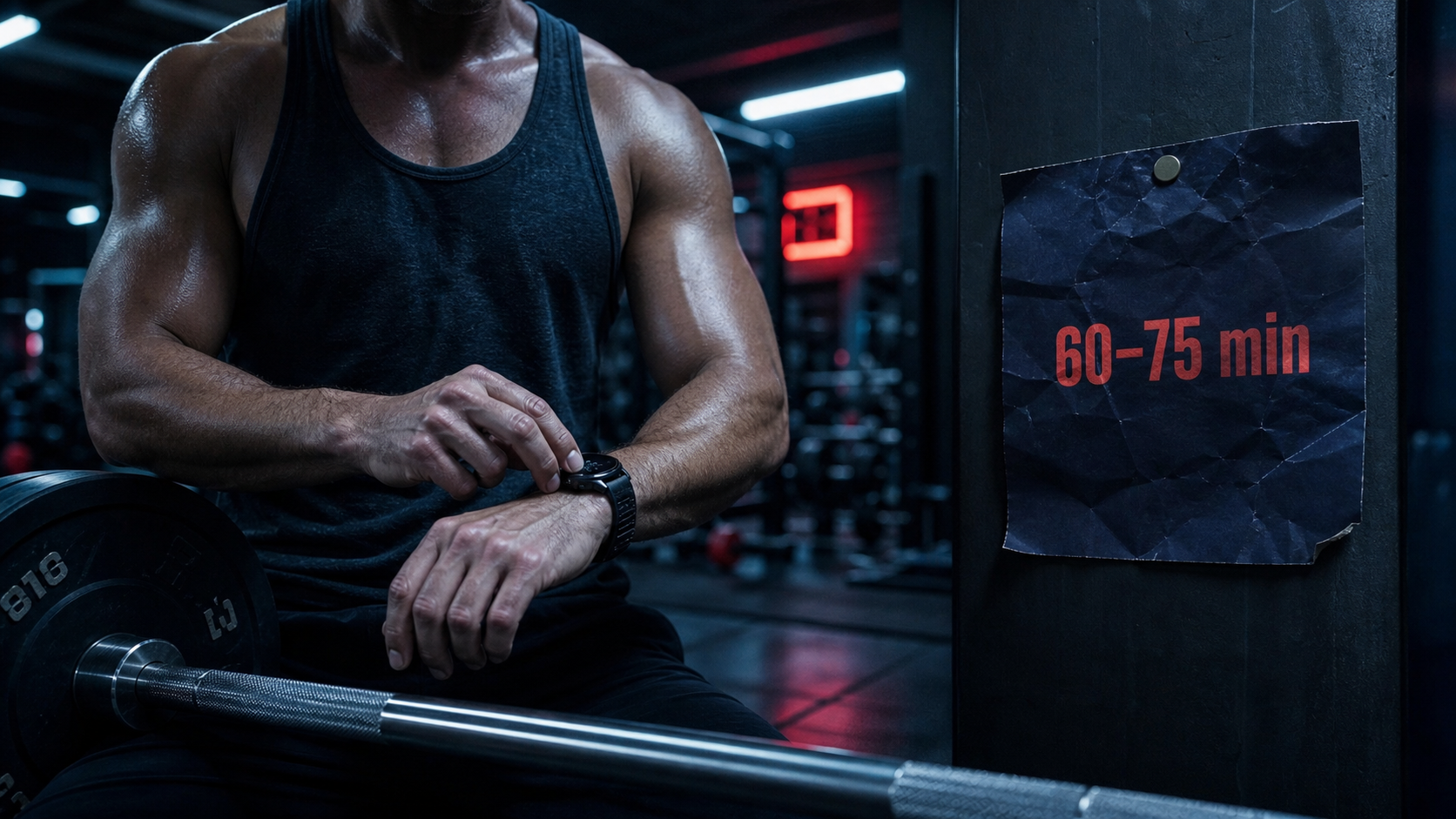Durée séance de musculation 60–75 min, chronomètre en salle