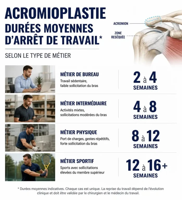 Durée moyenne d'arrêt de travail après une opération de conflit sous-acromial selon le métier