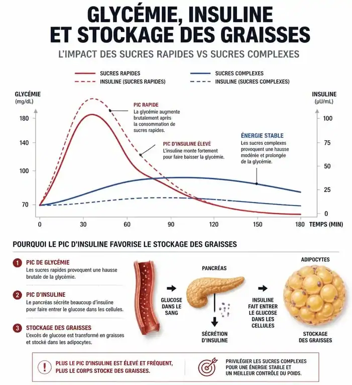 Infographie expliquant le mécanisme de l'insuline et le lien entre le sucre et la prise de poids