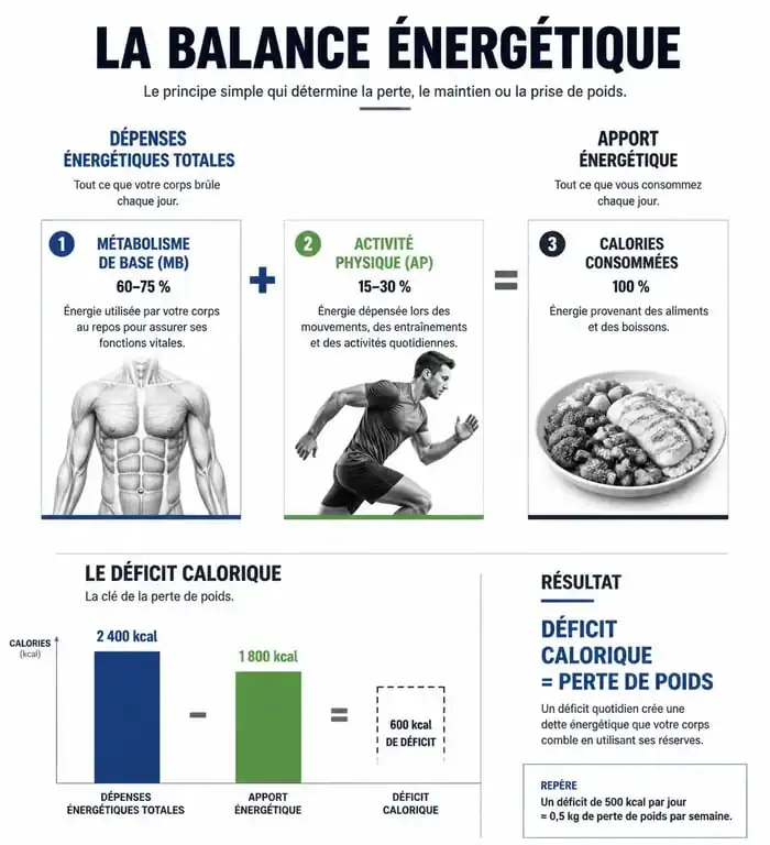 Schéma explicatif du fonctionnement du déficit calorique pour la perte de poids