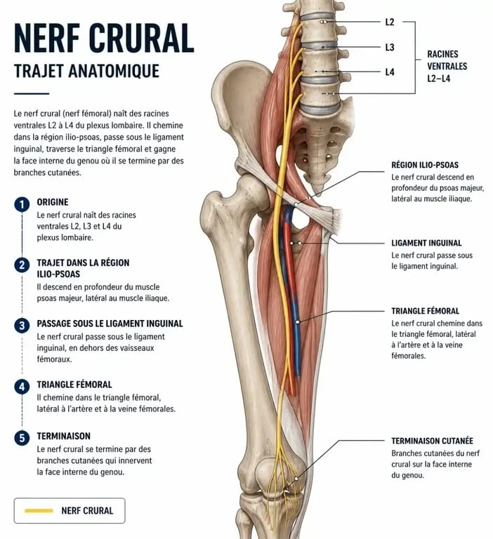 Schéma anatomique du trajet du nerf crural provoquant une douleur au genou