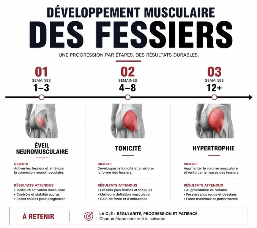 Infographie montrant les étapes de progression pour voir les muscles fessiers