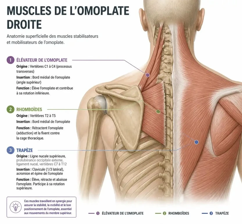 Schéma anatomique des muscles du dos pour comprendre l'origine d'une douleur omoplate droite