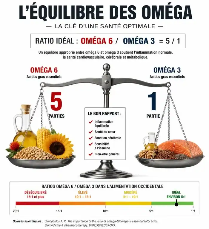 Infographie sur l'équilibre du ratio oméga 3 et 6 pour la santé