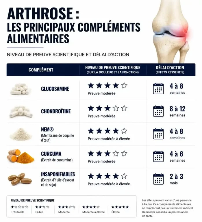 Infographie comparative des compléments alimentaires pour l'arthrose : efficacité et délais d'action