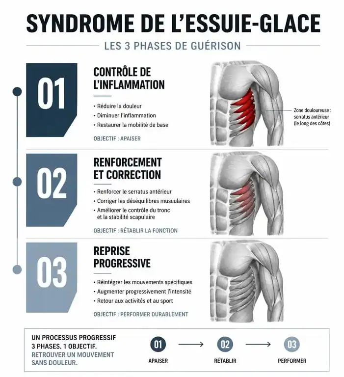 Infographie des phases de guérison du syndrome de l'essuie-glace et temps de récupération