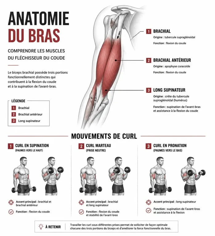 Schéma anatomique et exercices de biceps avec haltères pour la musculation