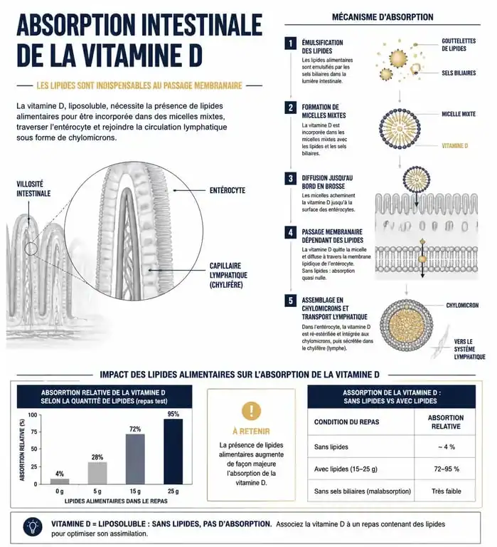 Infographie sur l'absorption de la vitamine D et pourquoi prendre la vitamine D le soir avec des lipides