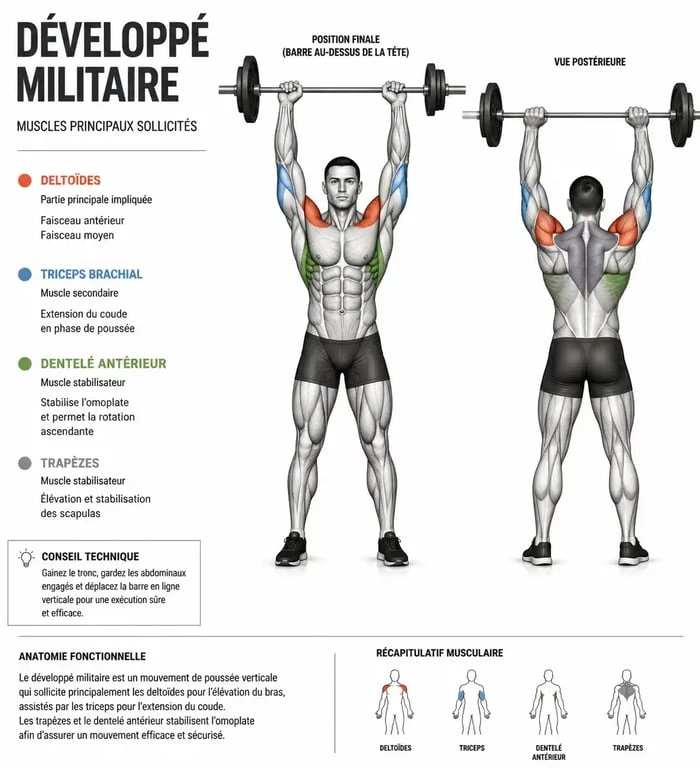 Schéma anatomique des muscles sollicités lors du développé militaire
