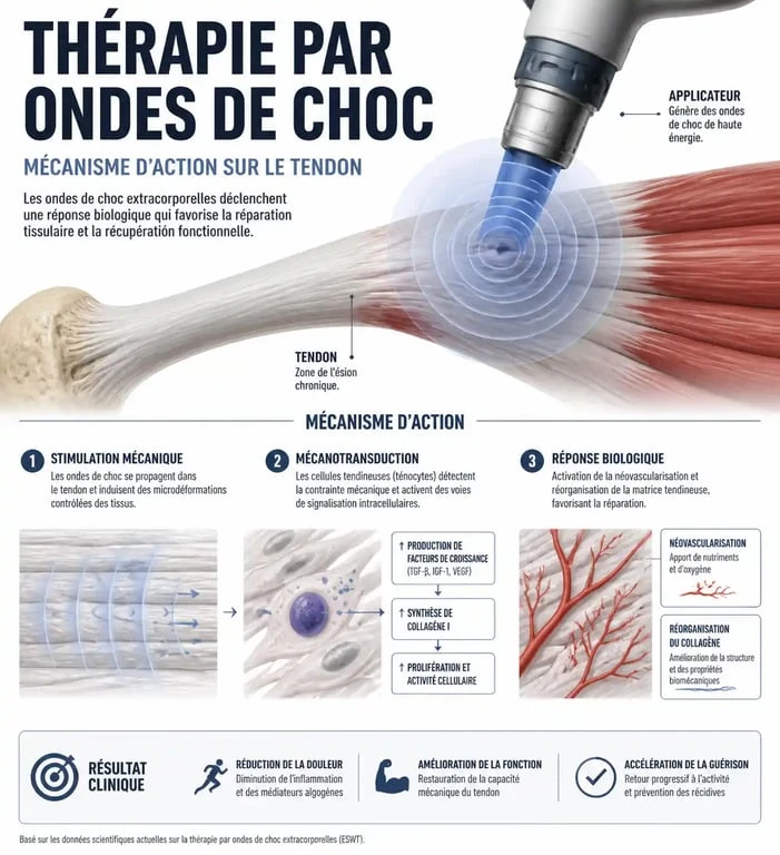 Schéma explicatif du fonctionnement de la shockwave therapy et de ses effets physiologiques sur les tissus musculosquelettiques.