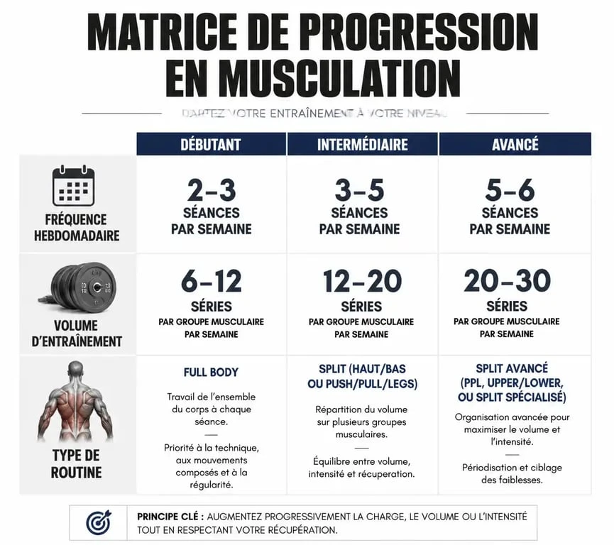 Infographie sur la fréquence idéale de musculation par semaine selon le niveau et les objectifs