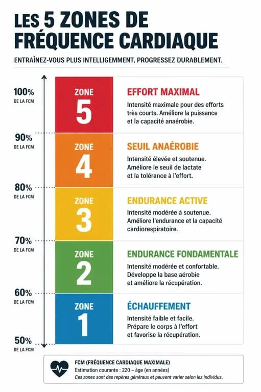 Infographie des 5 zones d'intensité pour calculer la fréquence cardiaque pendant l'entraînement sportif