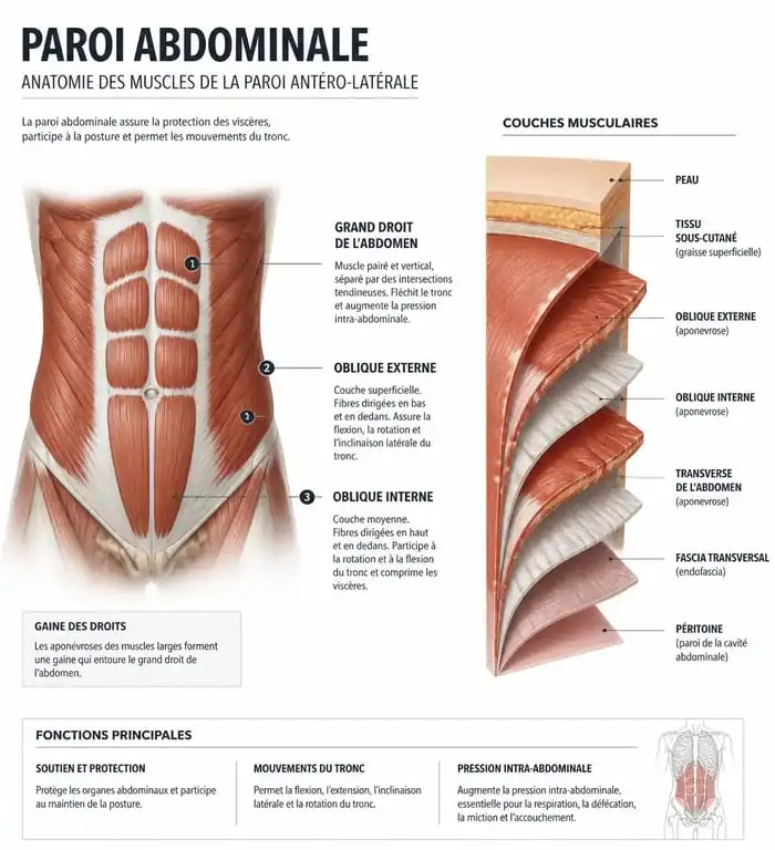 Schéma anatomique des muscles abdominaux antéro-latéraux montrant le grand droit, les obliques et le transverse.