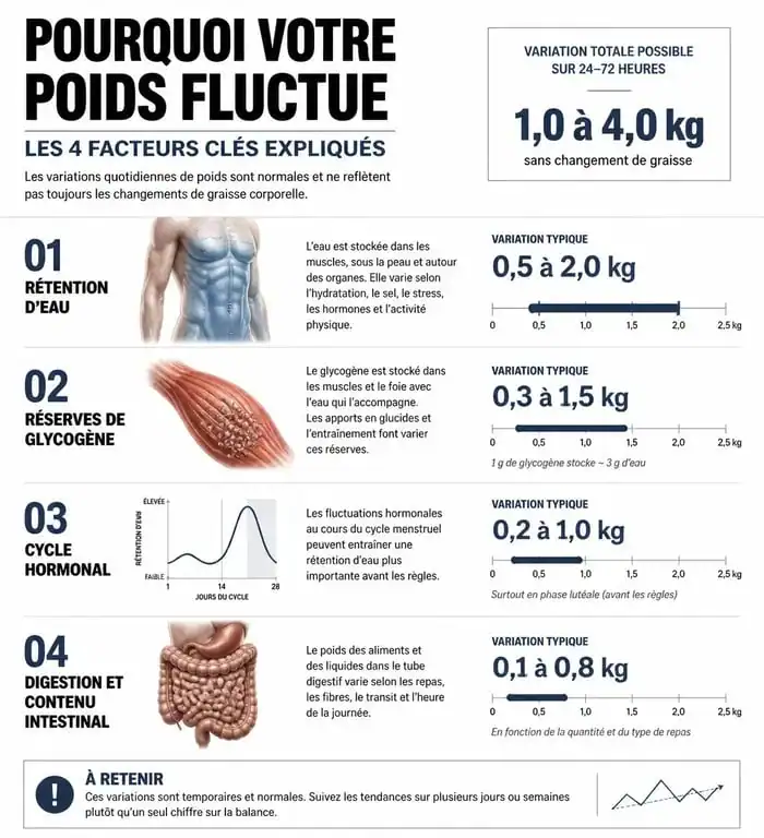 Infographie expliquant les causes physiologiques des variations de poids lors de la pesée quotidienne