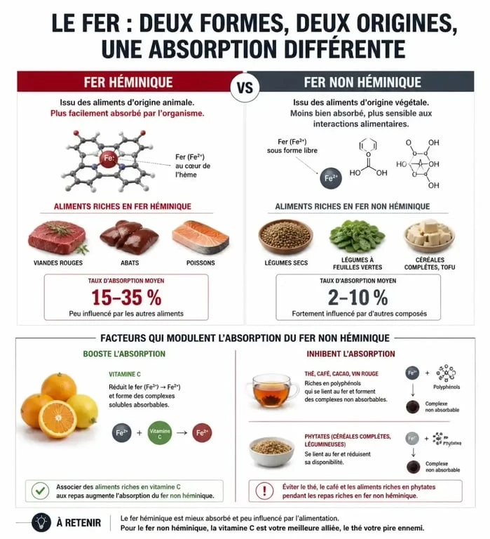 Infographie sur les aliments riches en fer et les facteurs d'absorption