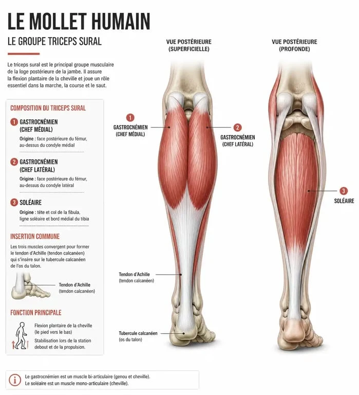 Schéma anatomique des muscles du mollet : triceps sural, gastrocnémiens et soléaire