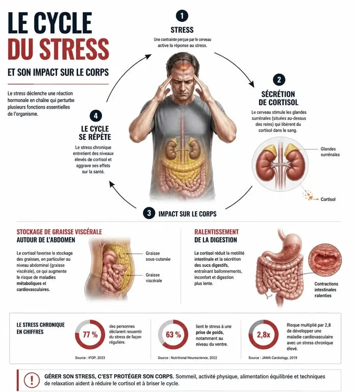 Schéma explicatif du lien entre taux de cortisol élevé et ventre gonflé : impact du stress sur le métabolisme et la digestion.