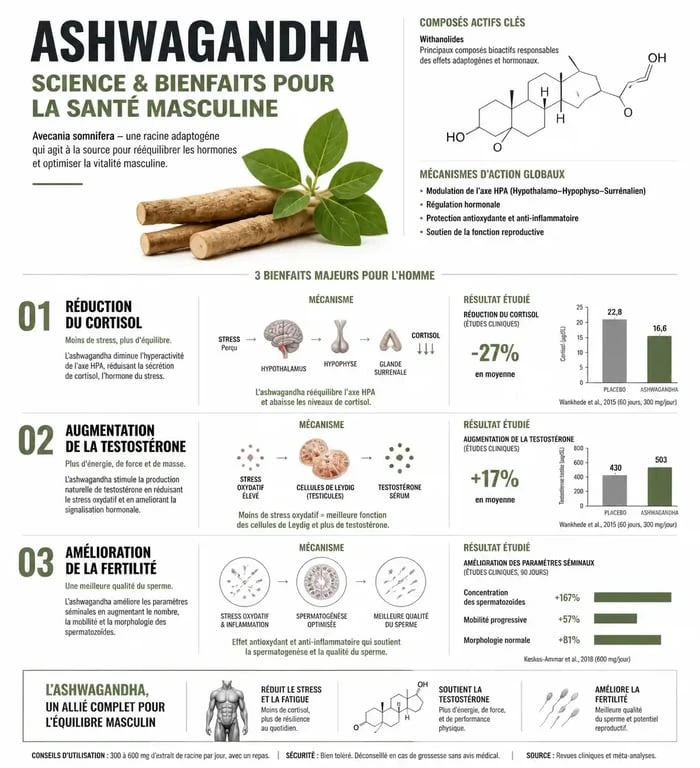 Infographie des bienfaits de l'ashwagandha pour la santé et la testostérone chez l'homme