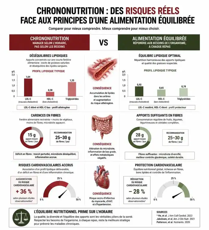 Infographie sur les dangers de la chrononutrition et les risques pour la santé cardiovasculaire