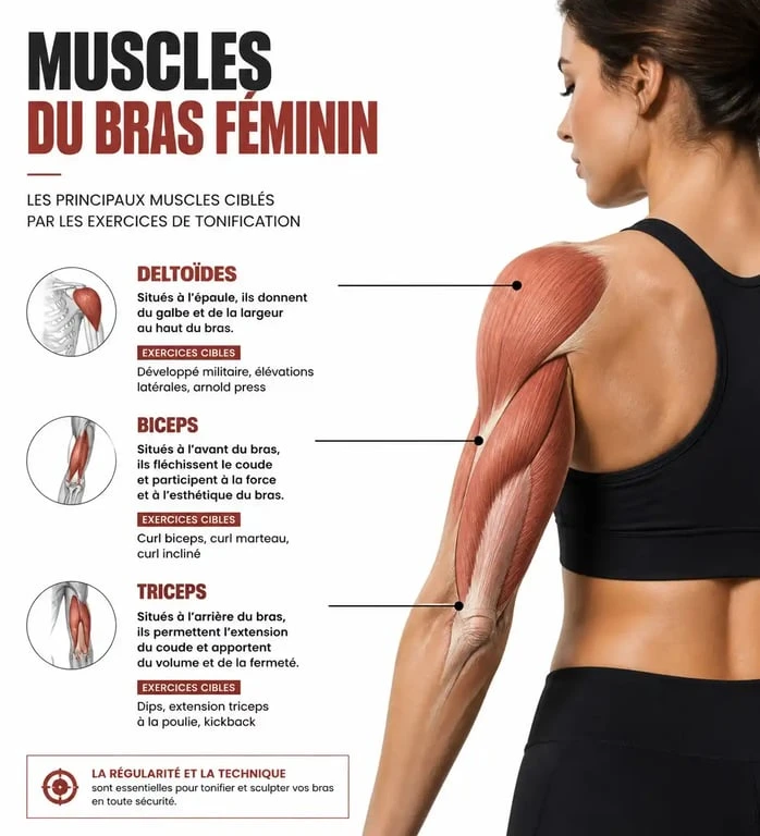 Schéma anatomique des muscles du bras pour la musculation femme