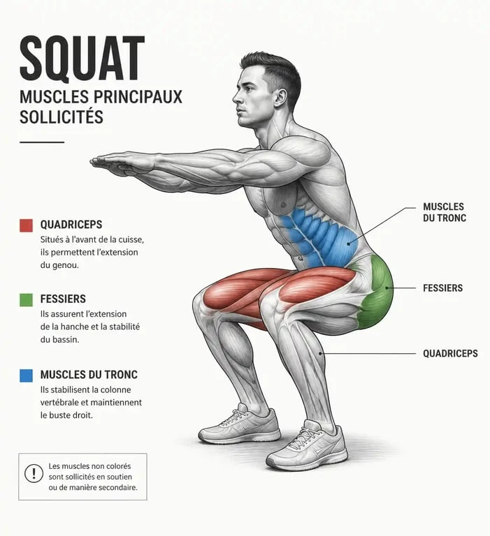 Schéma anatomique des muscles sollicités lors du squat
