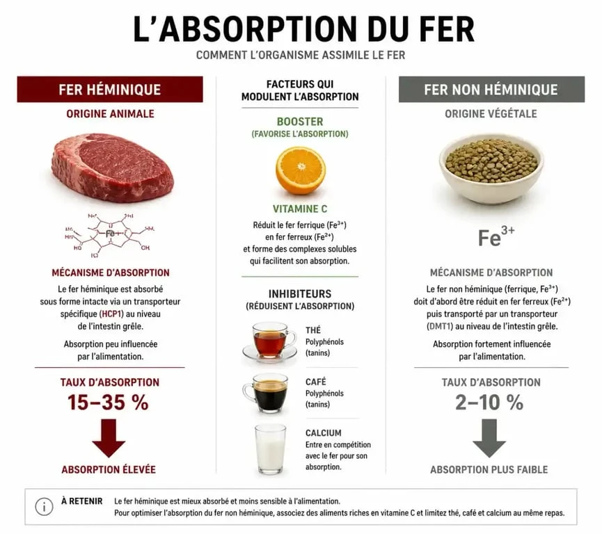 Infographie sur l'absorption du fer alimentaire : fer héminique vs non héminique et facteurs influençant l'assimilation.