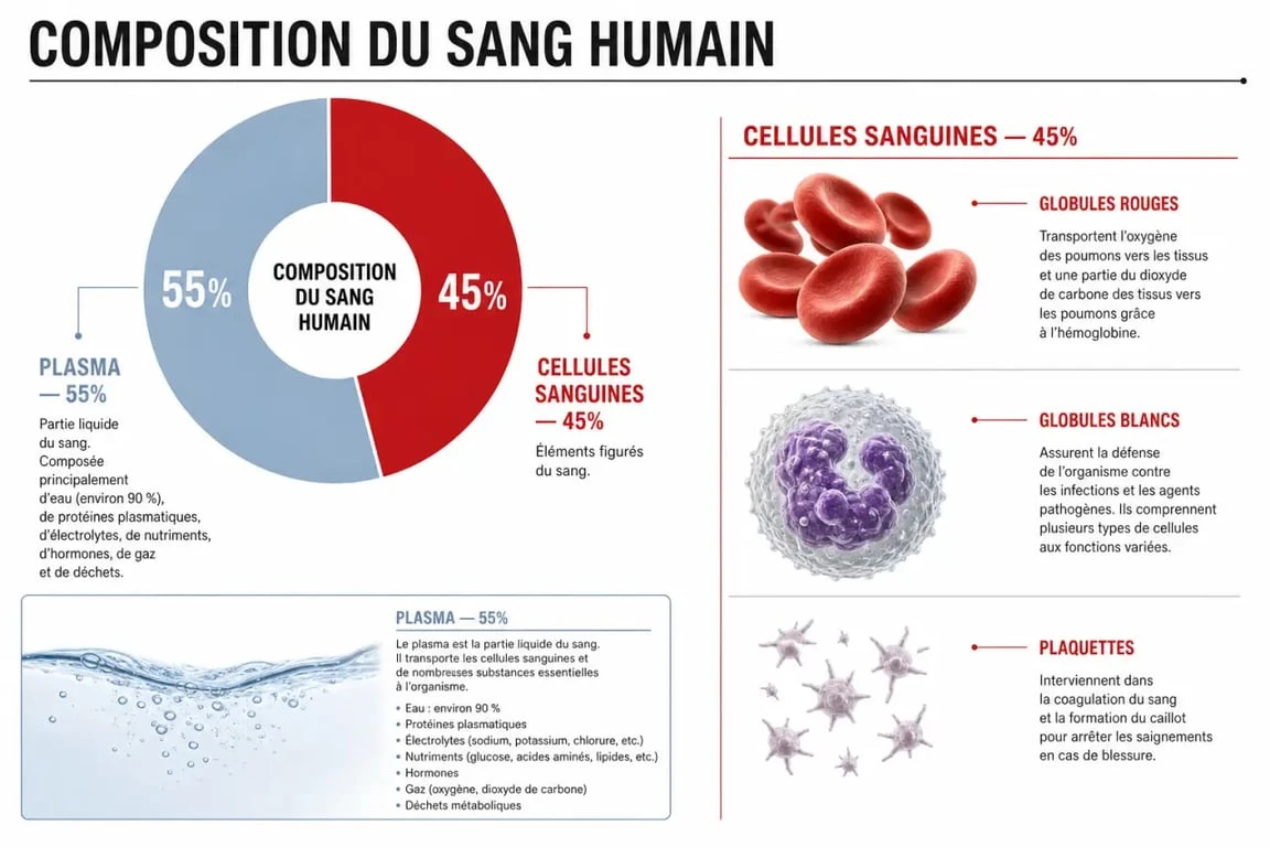 Infographie montrant la composition du sang humain et le volume sanguin selon le poids