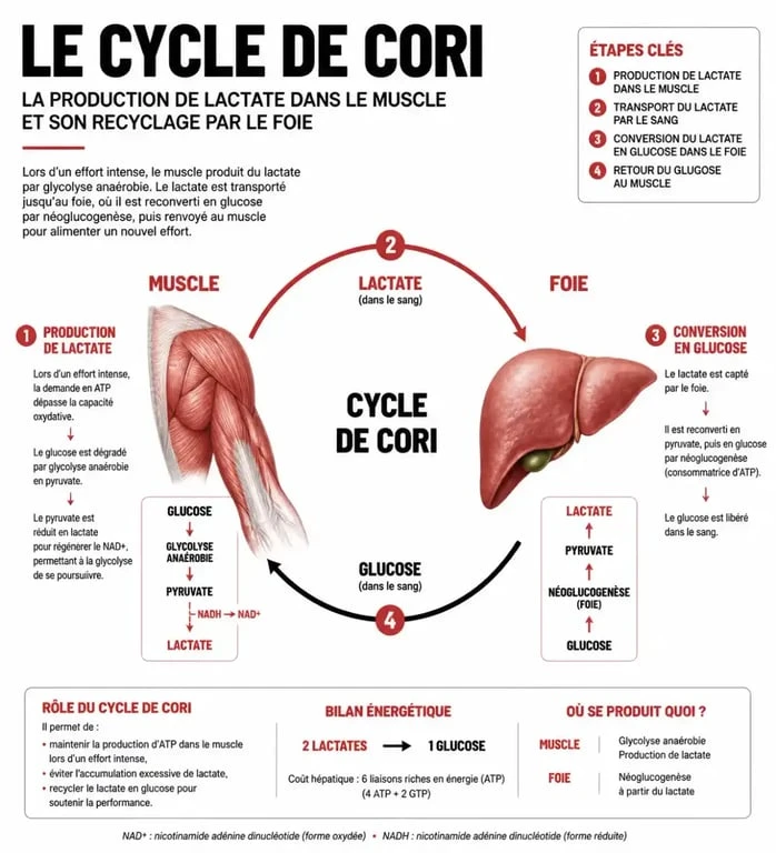 Schéma explicatif du cycle de Cori et du rôle de l'acide lactique et du lactate dans la performance sportive