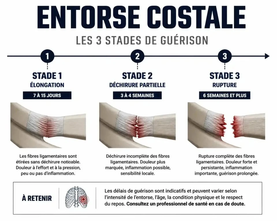 Infographie des étapes de guérison d'une entorse costale : durée et symptômes selon le stade de gravité
