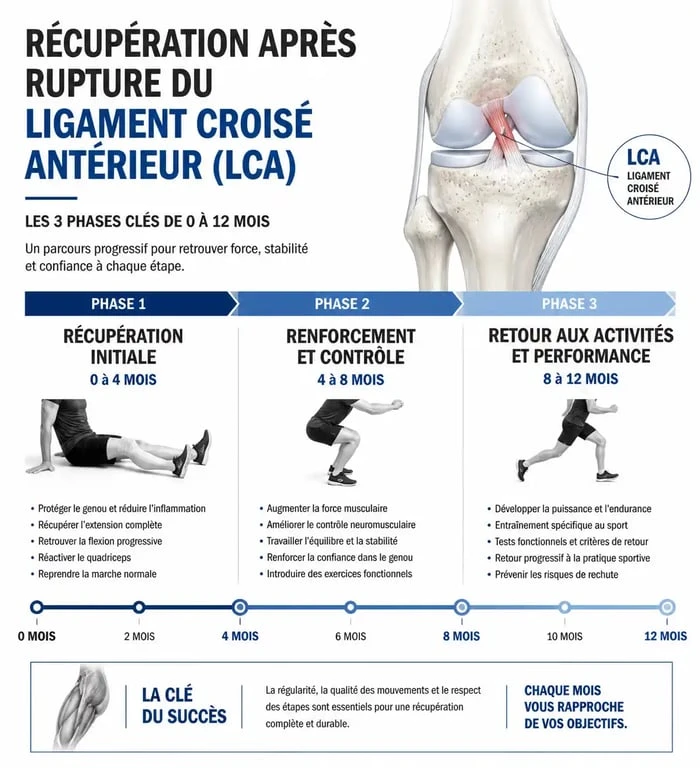 Infographie des phases de récupération après une rupture des ligaments croisés du genou et délais de guérison