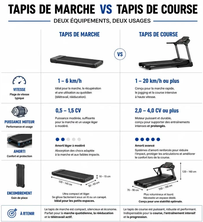 Comparatif visuel entre tapis de marche et tapis de course pour choisir son équipement de fitness
