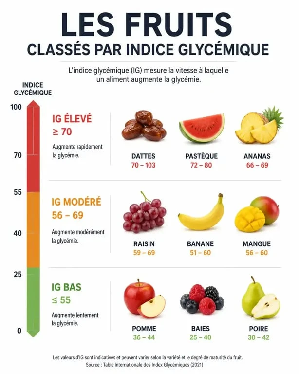 Tableau récapitulatif de l'indice glycémique des fruits classés par catégories bas, modéré et élevé