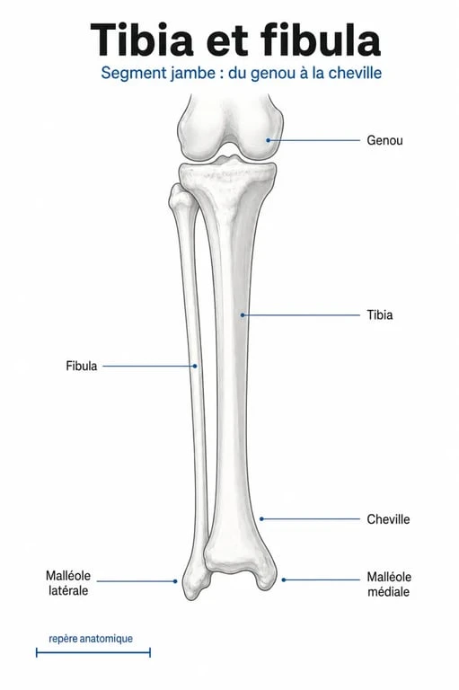 Schéma anatomique des parties de la jambe humaine : tibia, fibula et muscles