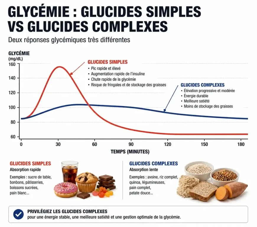 Infographie comparant l'impact des glucides simples et complexes sur la glycémie pour comprendre si les glucides font grossir.