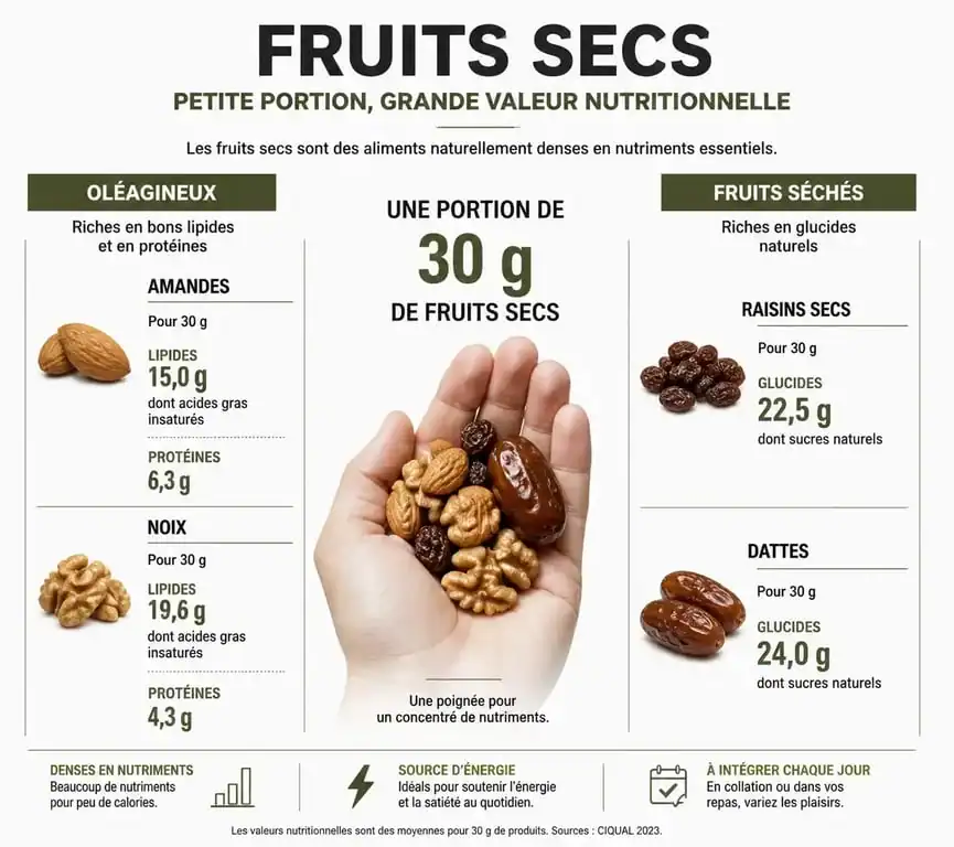 Infographie sur la densité nutritionnelle des fruits secs et la portion recommandée de 30 grammes pour éviter la prise de poids.