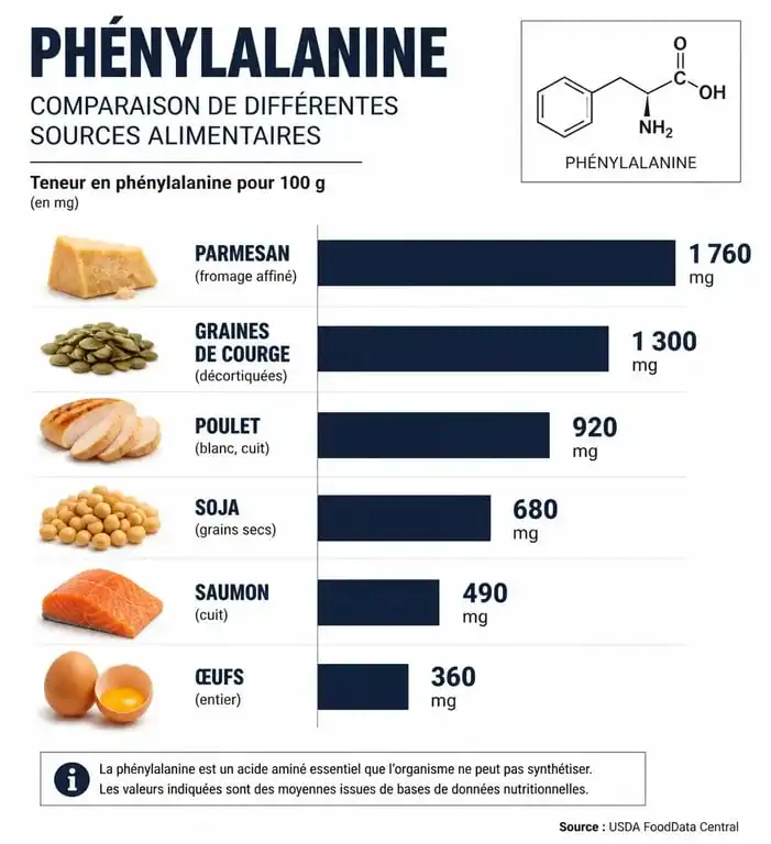 Infographie comparative des aliments riches en phénylalanine pour une meilleure compréhension nutritionnelle
