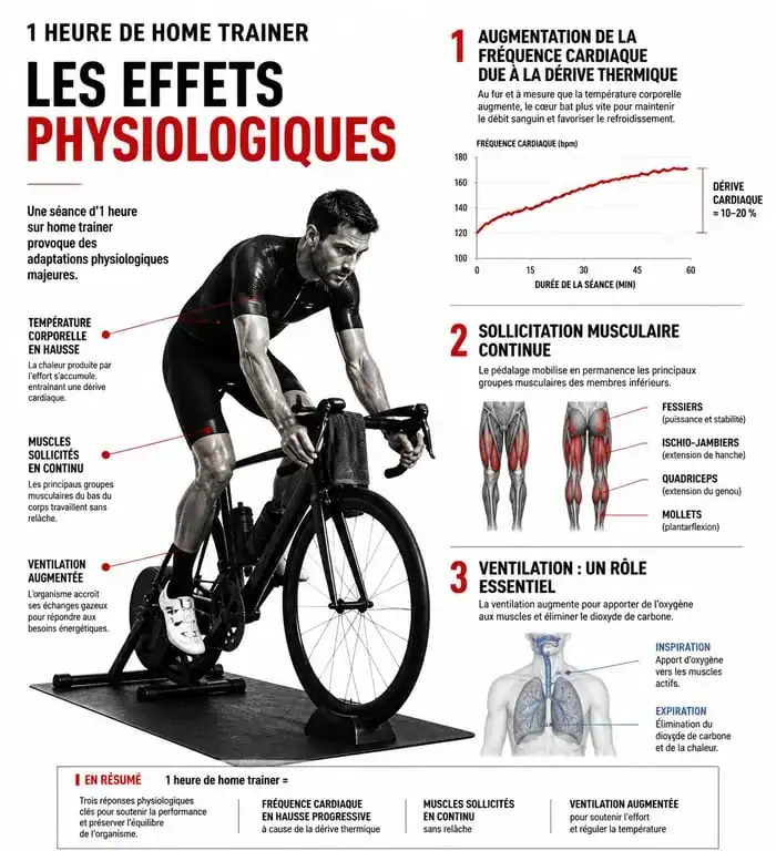 Infographie sur les effets physiologiques et les bonnes pratiques pour 1h de home trainer par jour