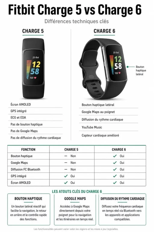 Tableau comparatif des fonctionnalités entre le Fitbit Charge 5 et le Fitbit Charge 6 pour aider au choix avant achat.