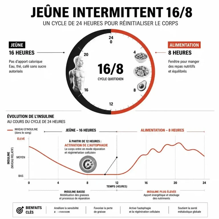 Infographie expliquant le fonctionnement du jeûne intermittent 16/8 et les bienfaits sur l'insuline et l'autophagie