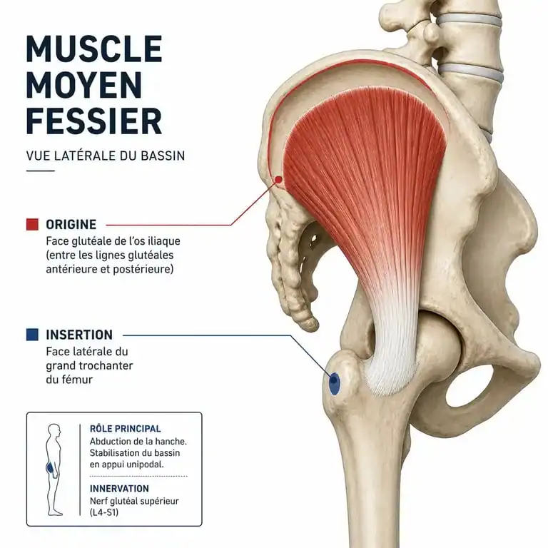 Schéma anatomique du muscle moyen fessier montrant son origine et son insertion sur le grand trochanter.