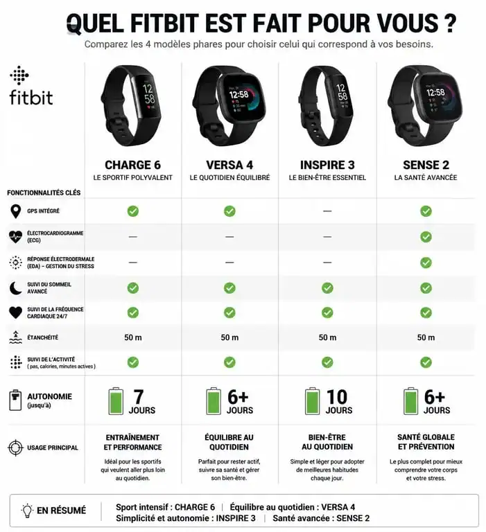 Infographie comparative des modèles Fitbit pour choisir le bracelet ou la montre connectée adaptée à vos besoins